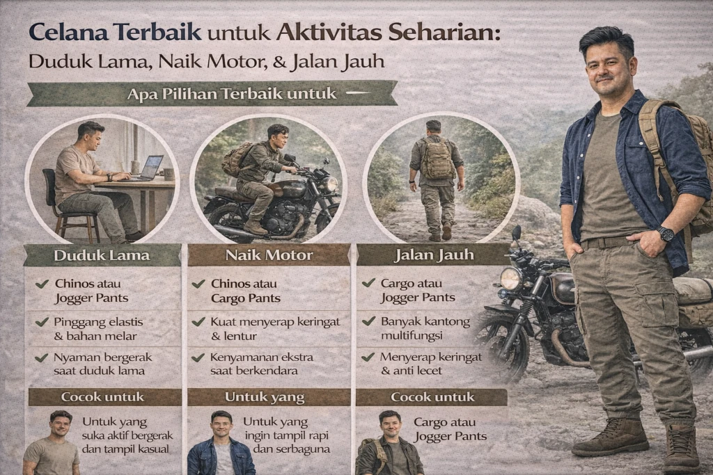 Celana Terbaik untuk Aktivitas Seharian: Duduk Lama, Naik Motor, dan Jalan Jauh