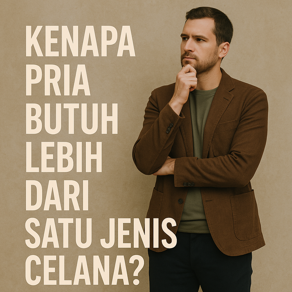 Foto editorial bergaya minimalis menampilkan seorang pria muda dengan rambut pendek rapi dan jenggot tipis, berdiri dengan ekspresi berpikir sambil memegang dagu. Ia mengenakan kaus hijau zaitun, blazer cokelat, dan celana gelap, berdiri di depan latar polos warna beige. Di sisi kiri gambar, terdapat teks besar berwarna krem bertuliskan “Kenapa Pria Butuh Lebih dari Satu Jenis Celana?”, mencerminkan topik tentang pentingnya variasi celana dalam gaya berpakaian pria modern.