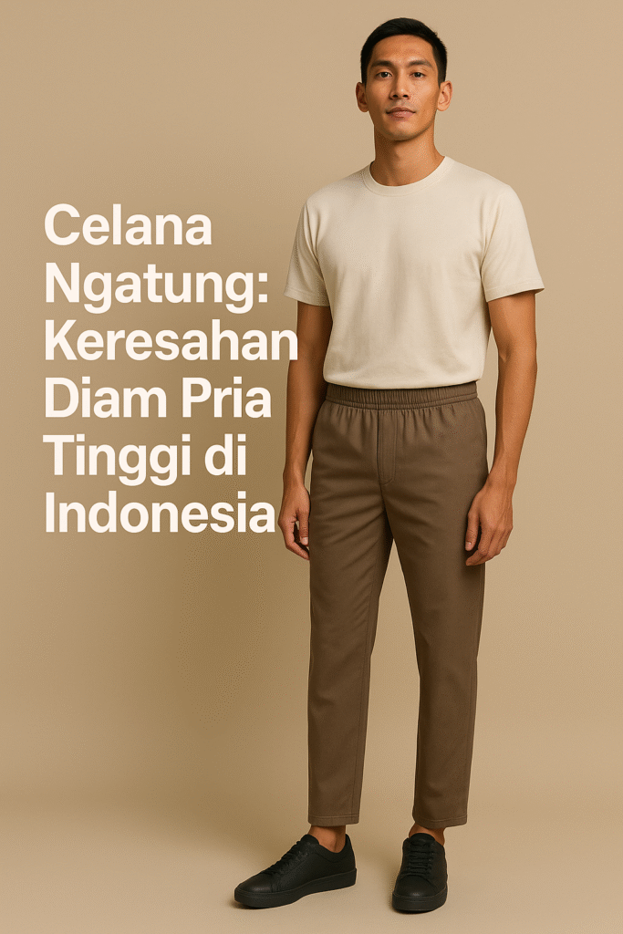 Foto digital bergaya editorial menampilkan pria Indonesia bertubuh tinggi, mengenakan kaus krem dan celana panjang cokelat model karet pinggang yang terlihat “ngatung” (terlalu pendek), memperlihatkan pergelangan kaki. Ia berdiri tegak dengan ekspresi percaya diri di depan latar belakang krem polos. Di sisi kiri gambar terdapat teks besar berwarna putih bertuliskan “Celana Ngatung: Keresahan Diam Pria Tinggi di Indonesia”, menyoroti permasalahan umum pria tinggi terhadap panjang celana yang tidak sesuai.