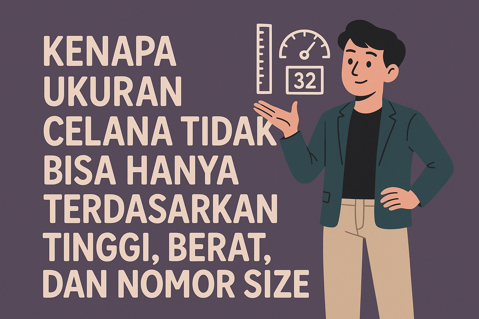 Ilustrasi digital bergaya flat menampilkan judul besar dalam bahasa Indonesia: "Kenapa Ukuran Celana Tidak Bisa Hanya Berdasarkan Tinggi, Berat, dan Nomor Size" dengan font tebal berwarna krem di latar belakang ungu gelap. Di sisi kanan, seorang pria muda berpakaian rapi—mengenakan blazer biru tua dan celana krem—mengangkat tangan seolah menjelaskan. Di atas tangannya terdapat tiga ikon: penggaris, timbangan, dan label ukuran dengan angka "32", menggambarkan pentingnya ukuran yang akurat.