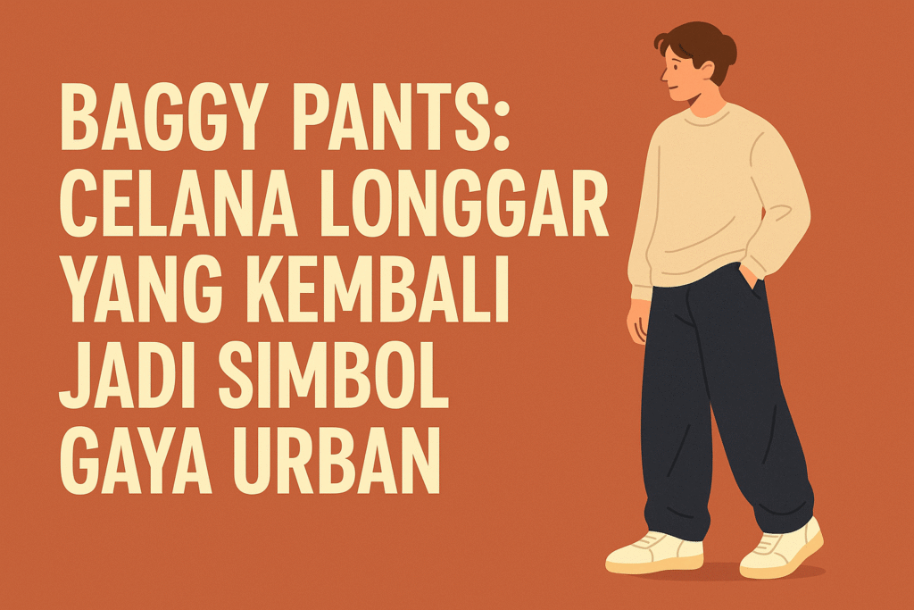 Ilustrasi digital bergaya flat dengan latar belakang oranye menampilkan seorang pria muda bergaya santai mengenakan sweater krem dan celana baggy berwarna gelap. Ia berdiri dengan satu tangan di saku dan tatapan menyamping, mencerminkan gaya urban yang kasual. Di sisi kiri, terdapat teks besar berwarna krem bertuliskan “Baggy Pants: Celana Longgar yang Kembali Jadi Simbol Gaya Urban”, menggambarkan tren fashion celana longgar yang kembali populer.