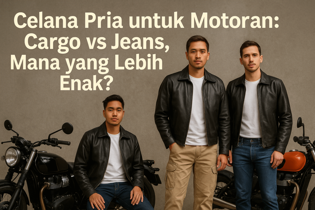 Foto promosi realistis menampilkan tiga pria dengan gaya bikers, masing-masing mengenakan jaket kulit hitam dan kaus putih. Pria di tengah mengenakan celana cargo krem, sementara pria di kanan mengenakan jeans biru, dan pria di kiri duduk di atas motor dengan jeans biru gelap. Mereka berpose di depan dinding abu-abu dengan dua motor besar di sisi kiri dan kanan. Di bagian atas foto terdapat teks besar berwarna krem bertuliskan: “Celana Pria untuk Motoran: Cargo vs Jeans, Mana yang Lebih Enak?” menggambarkan perbandingan kenyamanan celana cargo dan jeans untuk aktivitas berkendara.