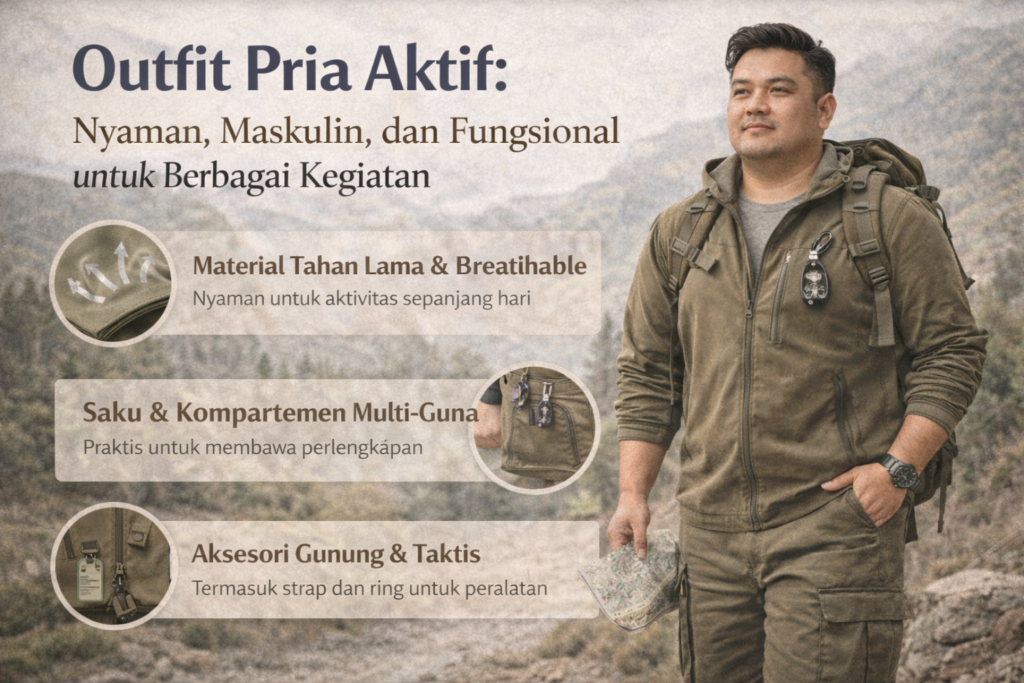 Infografik menampilkan pria Indonesia bergaya aktif mengenakan jaket dan celana cargo warna hijau army di latar alam pegunungan. Ia membawa ransel dan aksesori outdoor, mencerminkan gaya maskulin dan fungsional. Di sisi kiri terdapat poin informasi dengan ikon yang menjelaskan keunggulan outfit, seperti material tahan lama dan breathable, saku dan kompartemen multifungsi, serta aksesori taktis untuk aktivitas luar ruang. Di bagian atas gambar tertulis judul “Outfit Pria Aktif: Nyaman, Maskulin, dan Fungsional untuk Berbagai Kegiatan”, menggambarkan pilihan outfit yang cocok untuk berbagai aktivitas aktif pria.