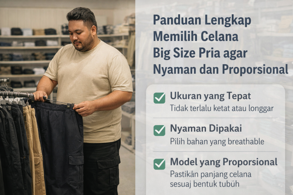 Foto realistis menampilkan seorang pria Indonesia bertubuh besar sedang memilih celana big size di dalam toko pakaian. Ia mengenakan kaus krem dan memegang celana warna biru tua dari rak yang berisi berbagai pilihan celana ukuran besar. Di sisi kanan gambar terdapat teks panduan bertuliskan “Panduan Lengkap Memilih Celana Big Size Pria agar Nyaman dan Proporsional” disertai ikon checklist yang menyoroti ukuran yang tepat, kenyamanan bahan, dan model celana yang proporsional. Gambar ini menggambarkan proses memilih celana big size yang nyaman dan sesuai bentuk tubuh pria.