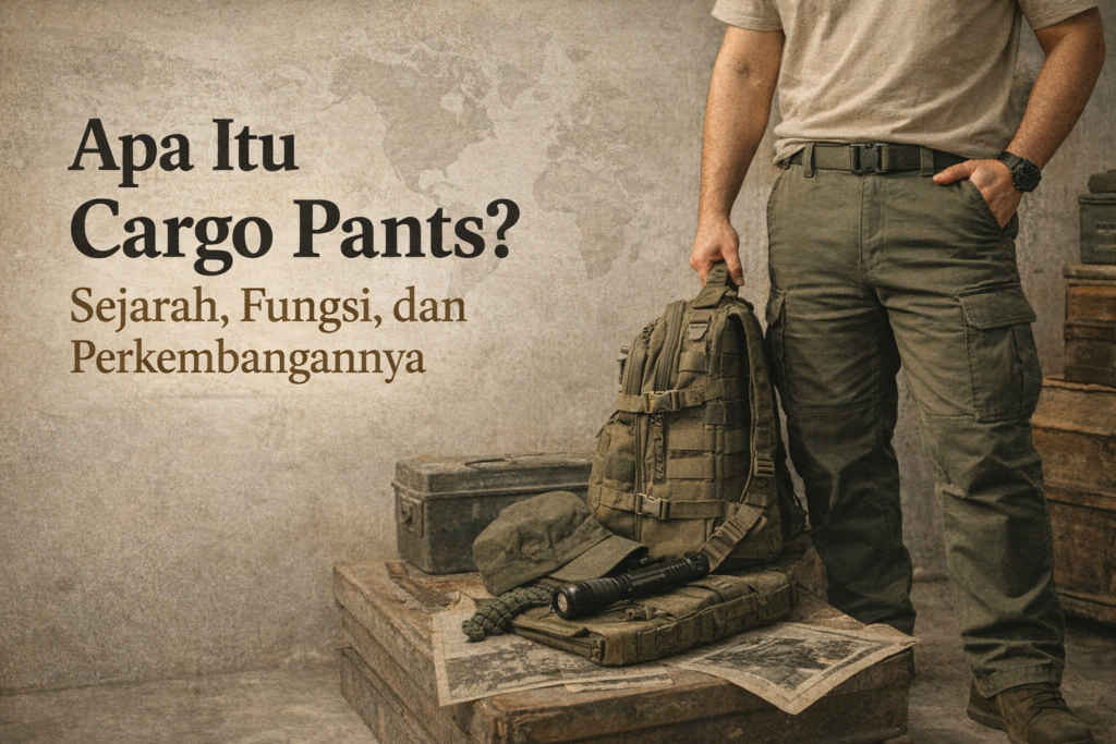 Gambar editorial bergaya realistis menampilkan seorang pria mengenakan cargo pants hijau army dengan banyak saku, berdiri di samping perlengkapan bernuansa militer seperti ransel, peti kayu, dan peta tua. Latar belakang bertekstur vintage berwarna krem kecokelatan memberi kesan sejarah dan fungsi lapangan. Di sisi kiri gambar terdapat teks besar bertuliskan “Apa Itu Cargo Pants? Sejarah, Fungsi, dan Perkembangannya”, menggambarkan asal-usul celana cargo dari kebutuhan militer hingga menjadi bagian dari fashion modern.