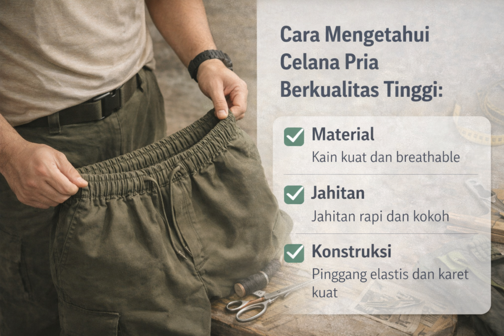 Foto edukatif realistis menampilkan close-up seorang pria sedang menarik dan memeriksa pinggang karet pada celana cargo warna hijau army, menyoroti elastisitas, jahitan, dan konstruksi celana. Di sisi kanan gambar terdapat teks panduan bertuliskan “Cara Mengetahui Celana Pria Berkualitas Tinggi: Panduan Material, Jahitan, dan Konstruksi” disertai ikon checklist yang menjelaskan material kain yang kuat dan breathable, jahitan rapi dan kokoh, serta konstruksi pinggang elastis yang kuat. Gambar ini menggambarkan cara mengenali kualitas celana pria dari detail bahan dan pengerjaannya.