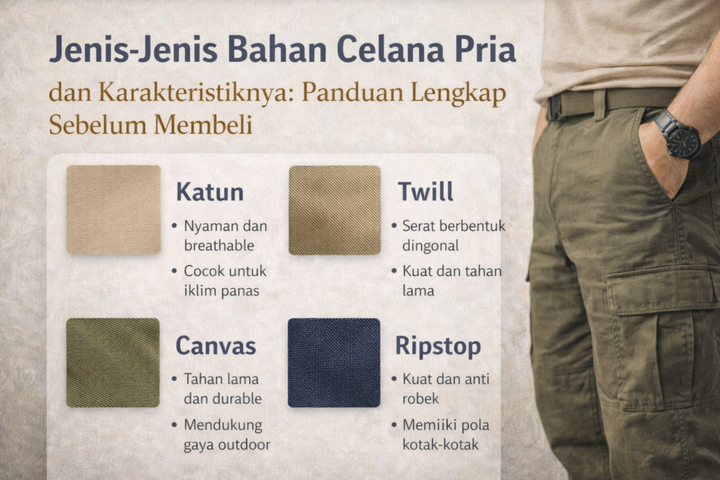 Infografik edukatif menampilkan judul “Jenis-Jenis Bahan Celana Pria dan Karakteristiknya: Panduan Lengkap Sebelum Membeli” dengan tampilan visual bahan celana pria. Di sisi kiri terdapat empat contoh tekstur kain: katun, twill, canvas, dan ripstop, masing-masing disertai keterangan singkat tentang kenyamanan, kekuatan, dan karakteristik bahan. Di sisi kanan gambar terlihat pria mengenakan celana cargo hijau army sebagai contoh penggunaan bahan. Desain bernuansa netral dan informatif ini membantu pembaca memahami perbedaan jenis bahan celana sebelum membeli.