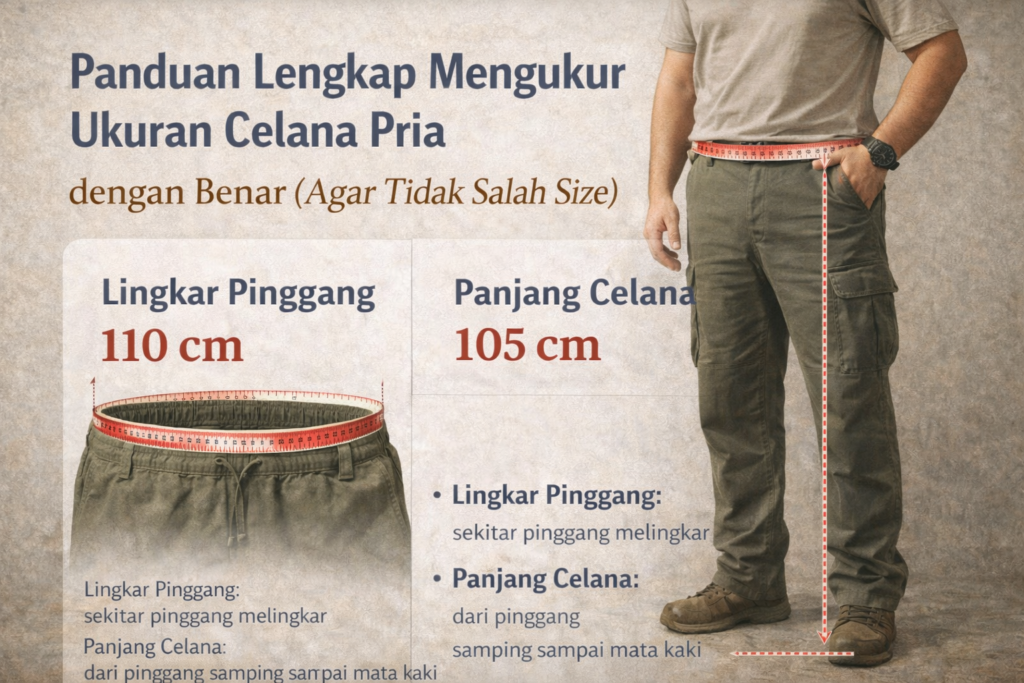 Ilustrasi edukatif realistis menampilkan panduan mengukur ukuran celana pria dengan benar. Terlihat seorang pria mengenakan celana cargo hijau army dengan pita ukur berwarna merah. Lingkar pinggang ditunjukkan dengan pita ukur yang melingkar penuh di sekitar pinggang, disertai keterangan ukuran dalam centimeter. Panjang celana ditunjukkan dengan garis ukur vertikal dari pinggang samping hingga mata kaki, juga dalam satuan centimeter. Di bagian kiri atas terdapat judul “Panduan Lengkap Mengukur Ukuran Celana Pria dengan Benar (Agar Tidak Salah Size)”, menekankan cara pengukuran yang tepat agar mendapatkan ukuran celana yang sesuai.