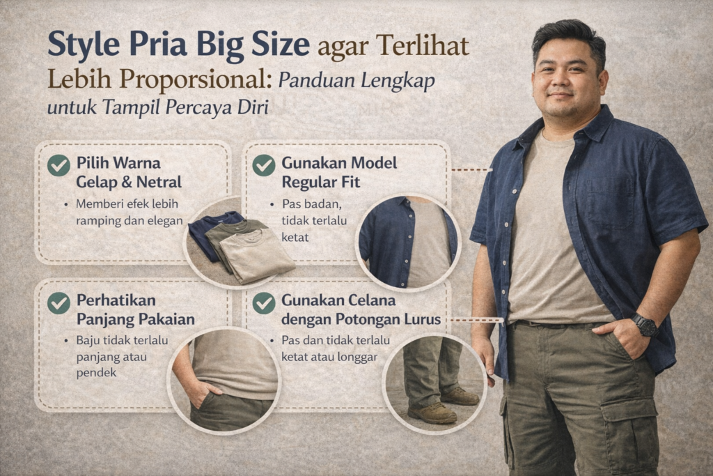 Infografik edukatif menampilkan pria Indonesia bertubuh big size mengenakan kemeja biru tua terbuka, kaus krem, dan celana cargo hijau army, berdiri dengan pose percaya diri. Di sekelilingnya terdapat poin panduan gaya berpakaian bertanda centang hijau, seperti memilih warna gelap dan netral, menggunakan model regular fit, memperhatikan panjang pakaian, serta memilih celana dengan potongan lurus. Di bagian atas gambar terdapat judul “Style Pria Big Size agar Terlihat Lebih Proporsional: Panduan Lengkap untuk Tampil Percaya Diri”, menggambarkan tips berpakaian agar pria big size terlihat lebih proporsional dan percaya diri.