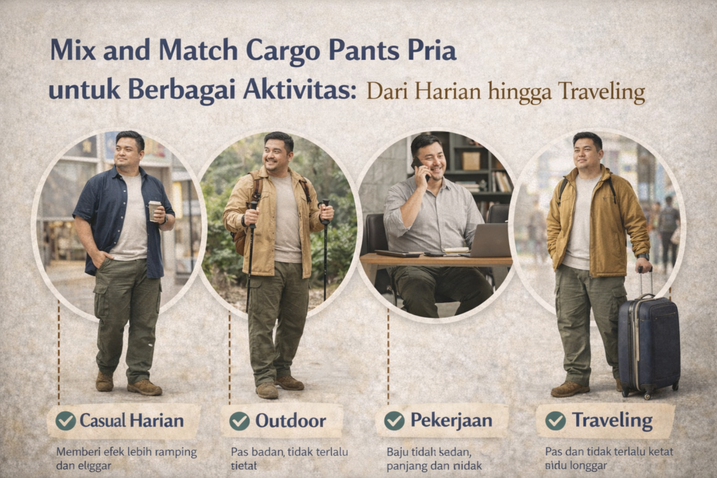 Infografik menampilkan panduan “Mix and Match Cargo Pants Pria untuk Berbagai Aktivitas: Dari Harian hingga Traveling” dengan empat tampilan gaya berbeda. Terlihat seorang pria mengenakan celana cargo hijau army yang dipadukan untuk aktivitas Casual Harian, Outdoor, Pekerjaan, dan Traveling. Setiap gaya ditampilkan dalam bingkai lingkaran dengan latar berbeda, seperti suasana santai, alam terbuka, ruang kerja, dan perjalanan, disertai ikon centang dan keterangan singkat. Desain bernuansa netral dan natural ini menunjukkan fleksibilitas cargo pants untuk berbagai kebutuhan aktivitas pria.