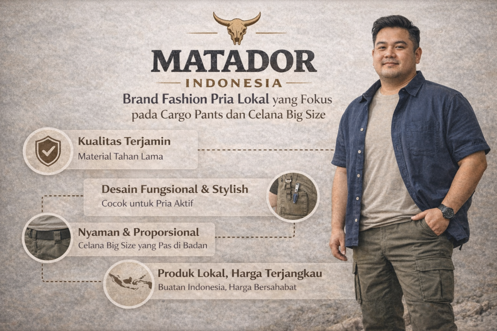 Infografik promosi menampilkan pria Indonesia mengenakan kemeja biru tua, kaus krem, dan celana cargo hijau army dengan pose percaya diri. Di bagian atas terdapat logo dan teks “MATADOR Indonesia” sebagai brand fashion pria lokal. Di sisi kiri gambar ditampilkan poin keunggulan brand, seperti kualitas material tahan lama, desain fungsional dan stylish untuk pria aktif, celana big size yang nyaman dan proporsional, serta produk lokal buatan Indonesia dengan harga terjangkau. Latar belakang bernuansa netral dan tekstur alami menegaskan identitas MATADOR Indonesia sebagai brand cargo pants dan celana big size pria.
