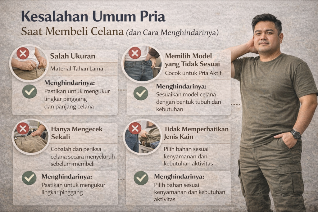 Infografik edukatif menampilkan panduan “Kesalahan Umum Pria Saat Membeli Celana (dan Cara Menghindarinya)”. Di sisi kanan terlihat pria Indonesia mengenakan kaus hijau dan celana cargo dengan ekspresi berpikir. Di sisi kiri terdapat empat poin kesalahan umum yang ditandai ikon silang merah, seperti salah ukuran, memilih model yang tidak sesuai, hanya mengecek sekali, dan tidak memperhatikan jenis kain. Setiap kesalahan disertai solusi bertanda centang hijau, seperti mengukur lingkar pinggang dan panjang celana, menyesuaikan model dengan bentuk tubuh, memeriksa celana secara menyeluruh, serta memilih bahan sesuai kenyamanan dan aktivitas. Desain informatif bernuansa netral ini membantu pria menghindari kesalahan saat membeli celana.