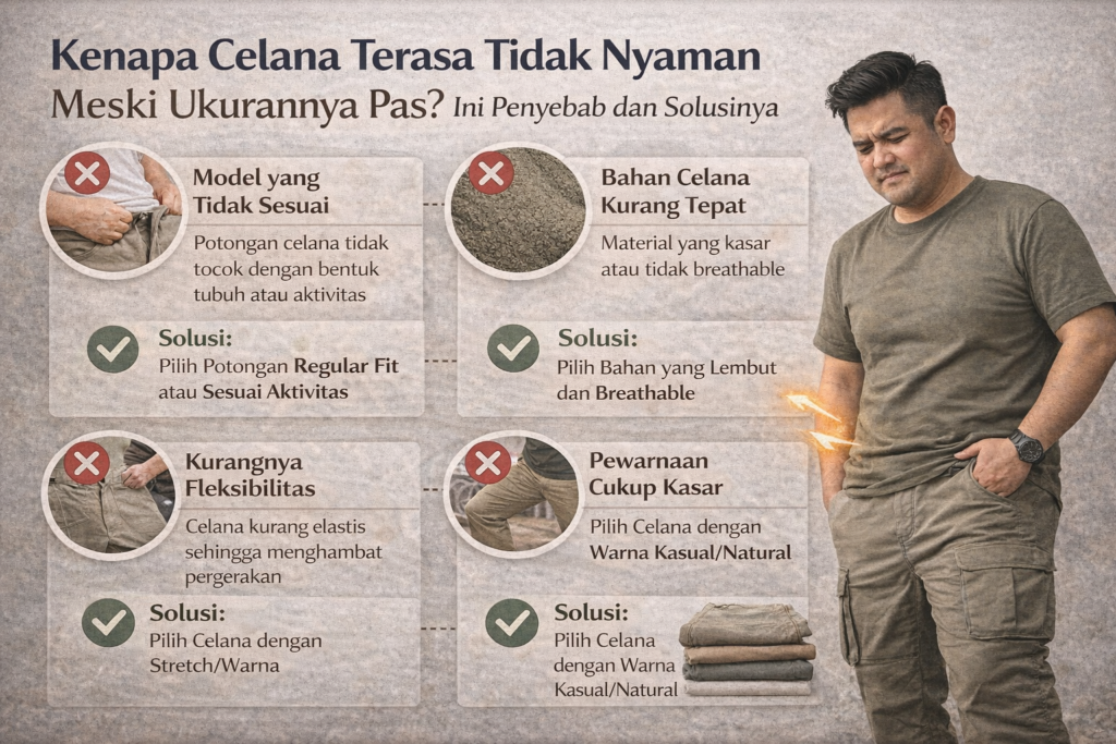 Infografik edukatif menampilkan judul “Kenapa Celana Terasa Tidak Nyaman Meski Ukurannya Pas? Ini Penyebab dan Solusinya”. Di sisi kanan terlihat pria Indonesia mengenakan kaus hijau dan celana cargo dengan ekspresi kurang nyaman. Di sisi kiri terdapat empat penyebab utama ketidaknyamanan celana, ditandai ikon silang merah, seperti model yang tidak sesuai, bahan celana kurang tepat, kurangnya fleksibilitas, dan pewarnaan yang terasa kasar. Setiap poin disertai solusi bertanda centang hijau, seperti memilih potongan regular fit, bahan yang lembut dan breathable, celana dengan stretch, serta warna kasual atau natural. Desain informatif ini menjelaskan penyebab dan solusi agar celana terasa lebih nyaman saat dipakai.