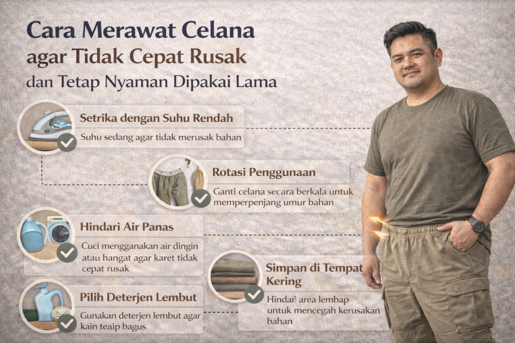 Infografik edukatif menampilkan judul “Cara Merawat Celana agar Tidak Cepat Rusak dan Tetap Nyaman Dipakai Lama”. Di sisi kanan terlihat pria Indonesia mengenakan kaus cokelat dan celana cargo dengan pinggang karet, berdiri santai dengan ekspresi percaya diri. Di sisi kiri terdapat panduan perawatan celana dengan ikon centang hijau, meliputi menyetrika dengan suhu rendah, rotasi penggunaan celana, menghindari air panas saat mencuci, menggunakan deterjen lembut, dan menyimpan celana di tempat kering. Desain bernuansa netral dan informatif ini memberikan tips praktis agar celana lebih awet dan nyaman digunakan dalam jangka panjang.