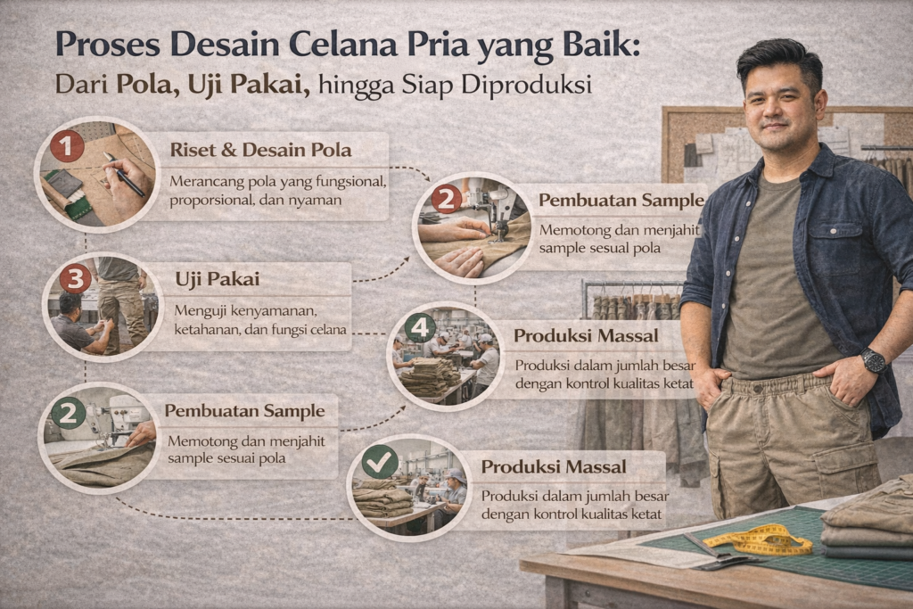 Infografik edukatif menampilkan “Proses Desain Celana Pria yang Baik: Dari Pola, Uji Pakai, hingga Siap Diproduksi”. Di sisi kanan terlihat seorang desainer pria Indonesia mengenakan kemeja biru dan celana cargo berdiri di area workshop dengan meja kerja dan alat jahit. Di sisi kiri ditampilkan alur proses desain dalam beberapa tahap bergambar, mulai dari riset dan desain pola, pembuatan sample, uji pakai untuk mengevaluasi kenyamanan dan fungsi, hingga produksi massal dengan kontrol kualitas. Desain bernuansa earthy dan profesional ini menggambarkan proses perancangan celana pria dari awal hingga siap diproduksi.