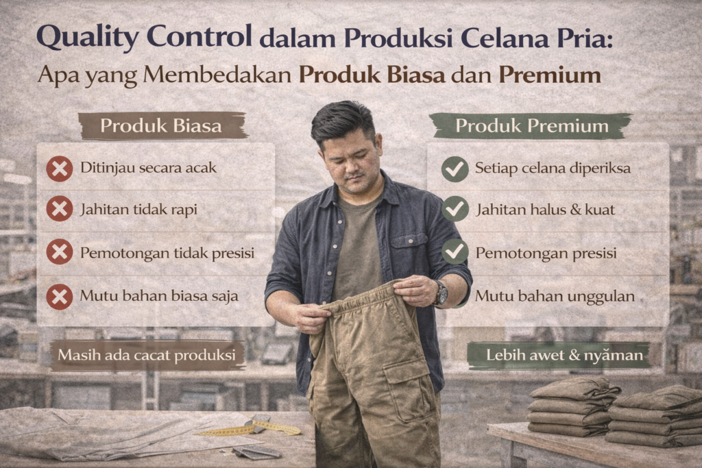 Infografik edukatif berjudul “Quality Control dalam Produksi Celana Pria: Apa yang Membedakan Produk Biasa dan Premium” menampilkan perbandingan proses kualitas antara produk biasa dan produk premium. Di tengah gambar terlihat pria Indonesia sedang memeriksa celana cargo warna cokelat di area workshop produksi. Di sisi kiri terdapat daftar ciri Produk Biasa, seperti pengecekan acak, jahitan tidak rapi, pemotongan tidak presisi, dan mutu bahan standar. Di sisi kanan ditampilkan Produk Premium dengan poin seperti setiap celana diperiksa, jahitan halus dan kuat, pemotongan presisi, serta bahan berkualitas unggulan. Desain bernuansa industrial dan netral ini menekankan pentingnya quality control dalam menghasilkan celana pria yang lebih awet dan nyaman.