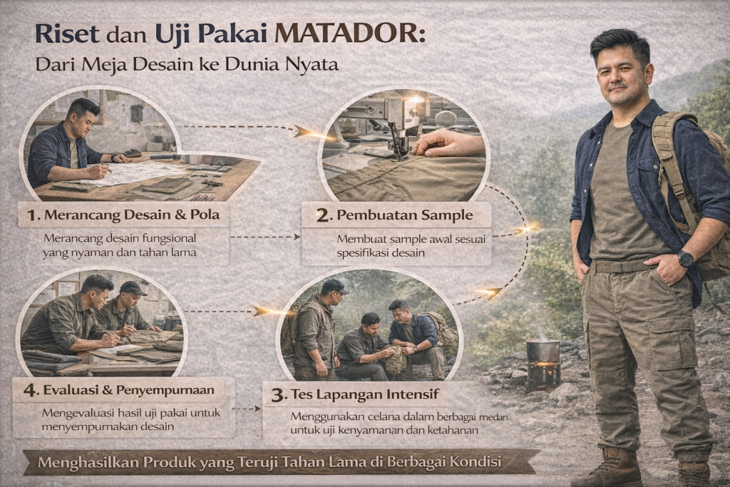 Infografik berjudul “Riset dan Uji Pakai MATADOR: Dari Meja Desain ke Dunia Nyata” menampilkan alur pengembangan produk celana MATADOR. Di sisi kiri ditampilkan empat tahap proses dalam ilustrasi berbentuk lingkaran: merancang desain dan pola di meja kerja, pembuatan sample dengan mesin jahit, tes lapangan intensif di alam terbuka, serta evaluasi dan penyempurnaan desain. Di sisi kanan terlihat pria Indonesia mengenakan celana cargo dan ransel berdiri di medan outdoor berbatu, merepresentasikan pengujian langsung di kondisi nyata. Desain bernuansa alam dan industrial ini menegaskan komitmen MATADOR dalam riset, uji pakai, dan ketahanan produk.