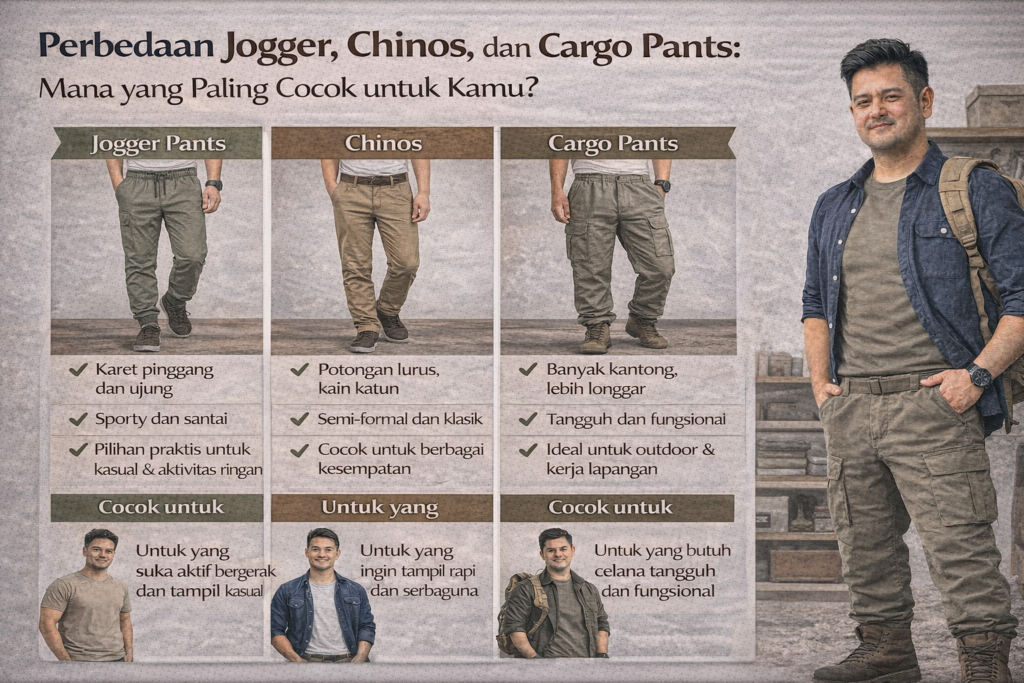 Infografik perbandingan berjudul “Perbedaan Jogger, Chinos, dan Cargo Pants: Mana yang Paling Cocok untuk Kamu?” menampilkan tiga jenis celana pria. Di sisi kiri, Jogger Pants tanpa kantong cargo samping dengan karet di pinggang dan ujung kaki, bergaya sporty dan santai untuk aktivitas ringan. Di tengah, Chinos dengan potongan lurus berbahan katun, tampilan semi-formal dan klasik untuk berbagai kesempatan. Di sisi kanan, Cargo Pants dengan banyak kantong samping, desain tangguh dan fungsional untuk aktivitas outdoor dan kerja lapangan. Di bagian kanan gambar terlihat pria Indonesia mengenakan cargo pants dan ransel sebagai contoh penggunaan. Desain bernuansa earthy membantu pembaca memahami perbedaan fungsi dan gaya tiap jenis celana.