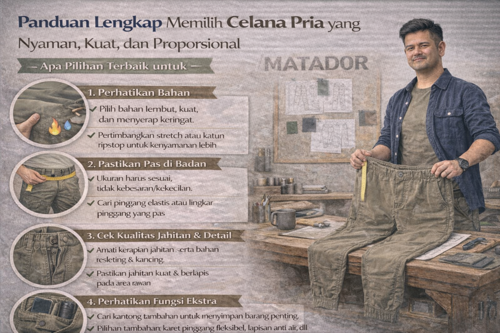 Infografik berjudul “Panduan Lengkap Memilih Celana Pria yang Nyaman, Kuat, dan Proporsional” menampilkan satu pria Indonesia berdiri di workshop sambil memegang celana cargo warna olive dengan pita ukur di bagian pinggang. Di belakangnya, pada dinding papan desain, terdapat tulisan besar “MATADOR”. Di sisi kiri gambar terdapat empat panduan utama: memperhatikan bahan yang lembut dan menyerap keringat, memastikan ukuran pas di badan dengan pinggang elastis yang sesuai, mengecek kualitas jahitan dan detail seperti resleting dan kancing, serta memperhatikan fungsi ekstra seperti kantong tambahan dan fitur pendukung. Desain bernuansa industrial dan earthy ini menekankan proses pemilihan celana yang berkualitas dan fungsional.
