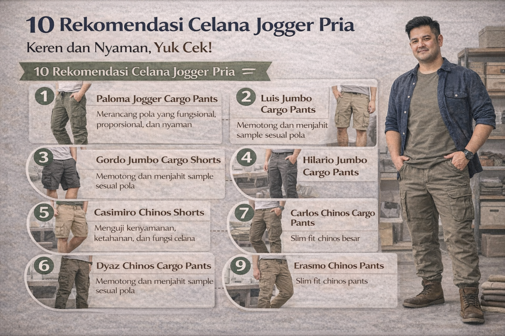 Infografik rekomendasi menampilkan judul “10 Rekomendasi Celana Jogger Pria Keren dan Nyaman, Yuk Cek!”. Di sisi kanan terlihat pria Indonesia mengenakan kemeja biru, kaus krem, dan celana jogger cargo hijau army dengan pose santai. Di sisi kiri dan tengah ditampilkan daftar 10 model celana jogger dan cargo pria lengkap dengan gambar masing-masing produk, yaitu Paloma Jogger Cargo Pants, Luis Jumbo Cargo Pants, Gordo Jumbo Cargo Shorts, Hilario Jumbo Cargo Pants, Casimiro Chinos Shorts, Bermudas Cargo Shorts 8 Pockets, Dyaz Chinos Cargo Pants, Carlos Chinos Cargo Pants, Erasmo Chinos Pants, dan Alverio Chinos Pants. Desain bernuansa netral dan informatif ini memudahkan pembaca melihat pilihan celana jogger yang nyaman dan stylish.