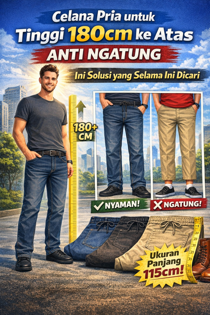 Desain cover artikel celana pria untuk tinggi 180 cm ke atas dari MATADOR, menampilkan model pria tinggi memakai celana panjang dengan fit pas, perbandingan celana nyaman vs ngatung, ilustrasi penggaris tinggi badan, serta teks “Celana Pria untuk Tinggi 180cm ke Atas Anti Ngatung – Ini Solusi yang Selama Ini Dicari” dan keterangan panjang celana hingga 115 cm.