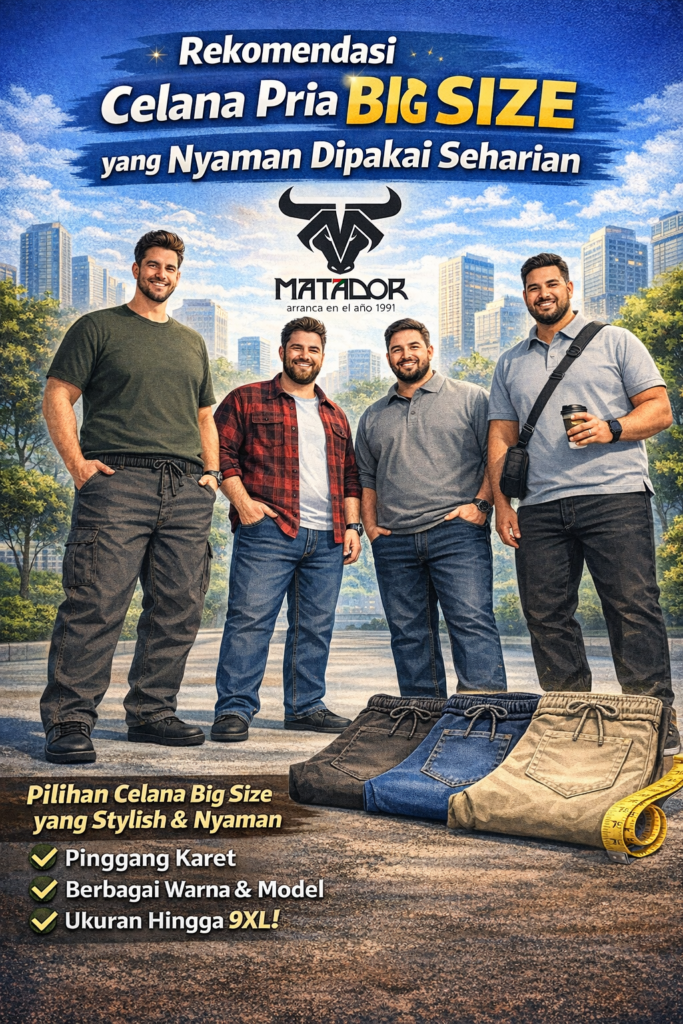 Desain cover artikel rekomendasi celana pria big size dari MATADOR, menampilkan beberapa model pria bertubuh besar memakai celana nyaman dengan karet pinggang dan nylon cord, logo MATADOR di tengah, serta teks “Rekomendasi Celana Pria Big Size yang Nyaman Dipakai Seharian” dengan poin keunggulan seperti pinggang karet, banyak pilihan warna, dan ukuran hingga 9XL.