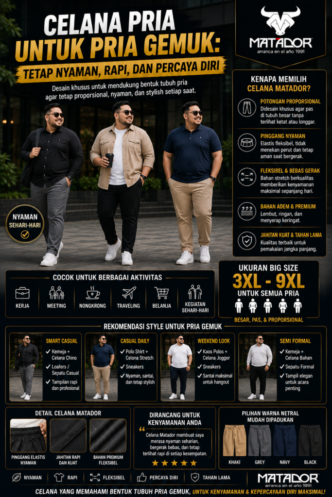 Desain cover artikel celana pria untuk pria gemuk dari MATADOR, menampilkan tiga pria bertubuh besar dengan outfit smart casual dan kasual modern berjalan percaya diri di area urban, serta teks “Celana Pria untuk Pria Gemuk: Tetap Nyaman, Rapi, dan Percaya Diri” dengan highlight keunggulan seperti potongan proporsional, pinggang elastis nyaman, bahan adem premium, fleksibel untuk bergerak, dan jahitan kuat tahan lama, dilengkapi rekomendasi style outfit dan ukuran big size 3XL hingga 9XL.