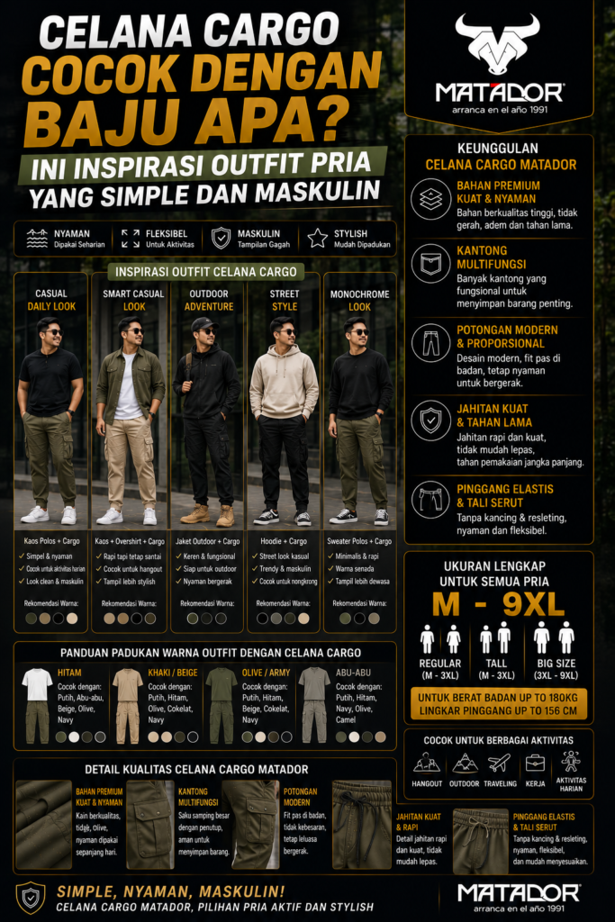 Desain cover artikel celana cargo pria dari MATADOR, menampilkan inspirasi outfit pria casual, smart casual, outdoor, street style, dan monochrome dengan celana cargo. Cover bertuliskan “Celana Cargo Cocok dengan Baju Apa? Ini Inspirasi Outfit Pria yang Simpel dan Maskulin” serta highlight fitur seperti bahan premium kuat, kantong multifungsi, potongan modern proporsional, pinggang elastis dengan tali serut, ukuran M hingga 9XL, dan cocok untuk hangout, outdoor, traveling, kerja, hingga aktivitas harian.
