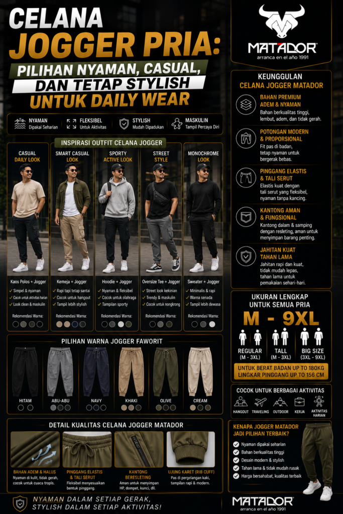 Desain cover artikel celana jogger pria dari MATADOR, menampilkan inspirasi outfit jogger untuk casual daily look, smart casual, sporty, street style, dan monochrome. Cover bertuliskan “Celana Jogger Pria: Pilihan Nyaman, Casual, dan Tetap Stylish untuk Daily Wear” dengan highlight fitur seperti bahan premium adem, potongan modern proporsional, pinggang elastis dengan tali serut, kantong fungsional, ujung karet rib cuff, serta ukuran M hingga 9XL untuk regular, tall, dan big size.